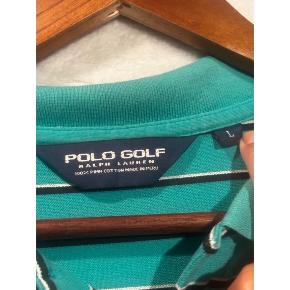 Polo Golf Ralph Lauren Collared Shirt Teal Striped Pima Cotton Large Thrashed